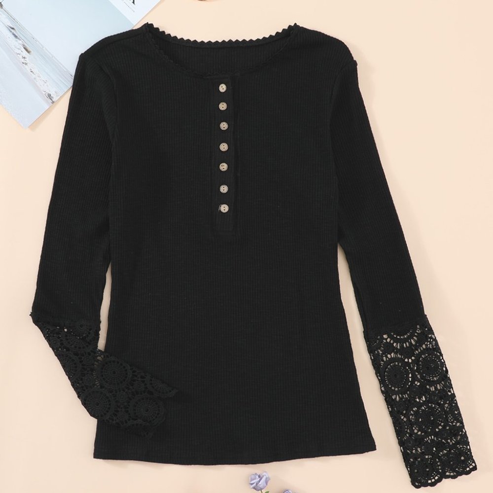 Black Crochet Lace Hem Sleeve Button Top - Picture 4 of 14